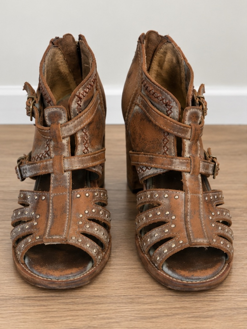 FREEBIRD Brown Leather Studded Strappy Heeled Sandals